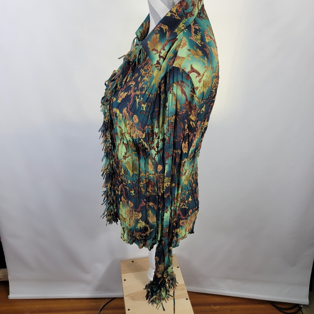 Violet & Claire Sheer Crinkle Blouse Green Teal Brown Tie at Cuffs Fringe XL - Picture 7 of 12
